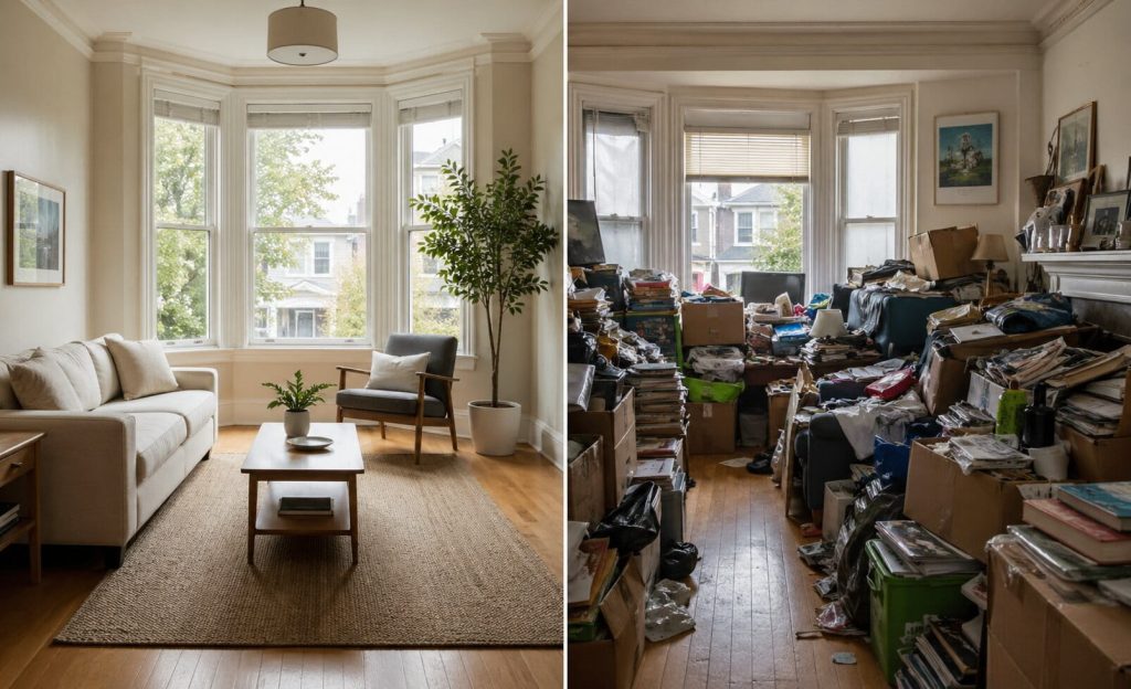 Professional hoarding cleanup vs decluttering comparison inside a messy Berkeley home showing organized and cluttered areas side by side
