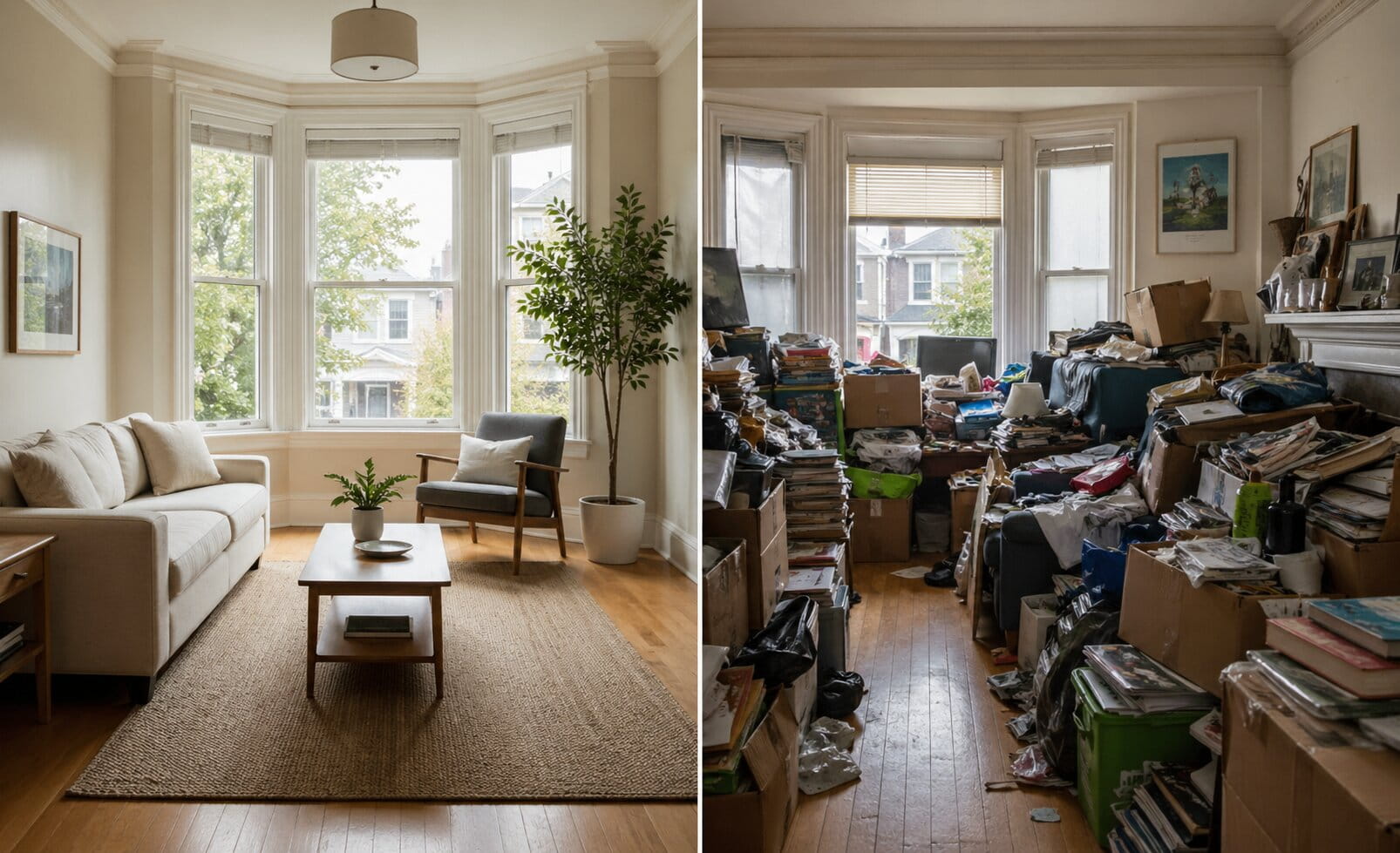 Professional hoarding cleanup vs decluttering comparison inside a messy Berkeley home showing organized and cluttered areas side by side