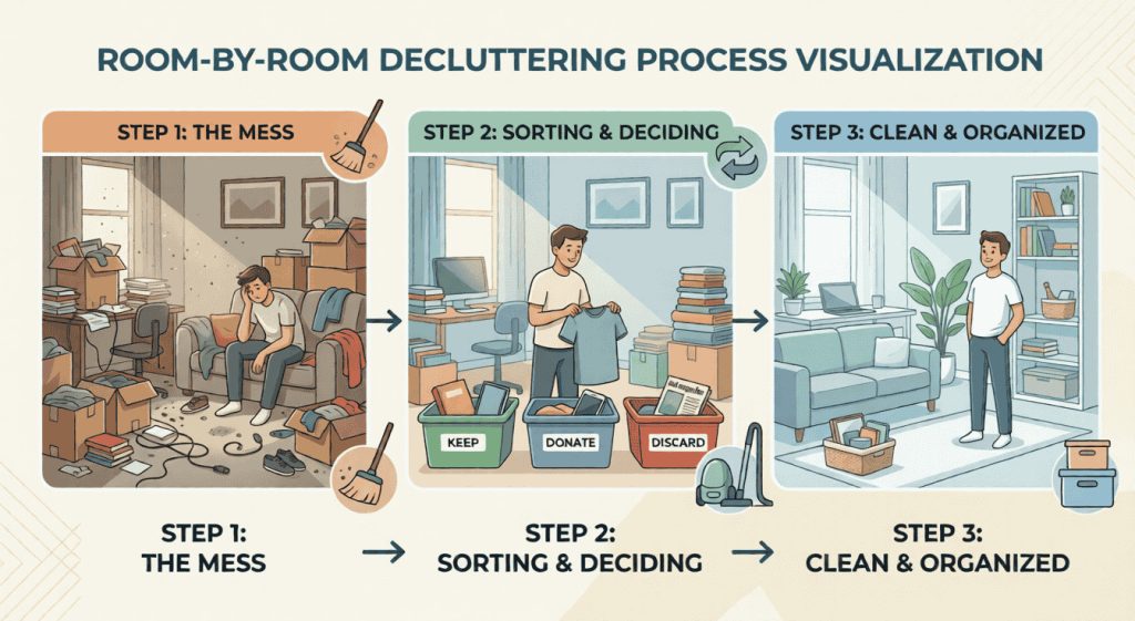 Step by step decluttering process transforming messy room into organized space