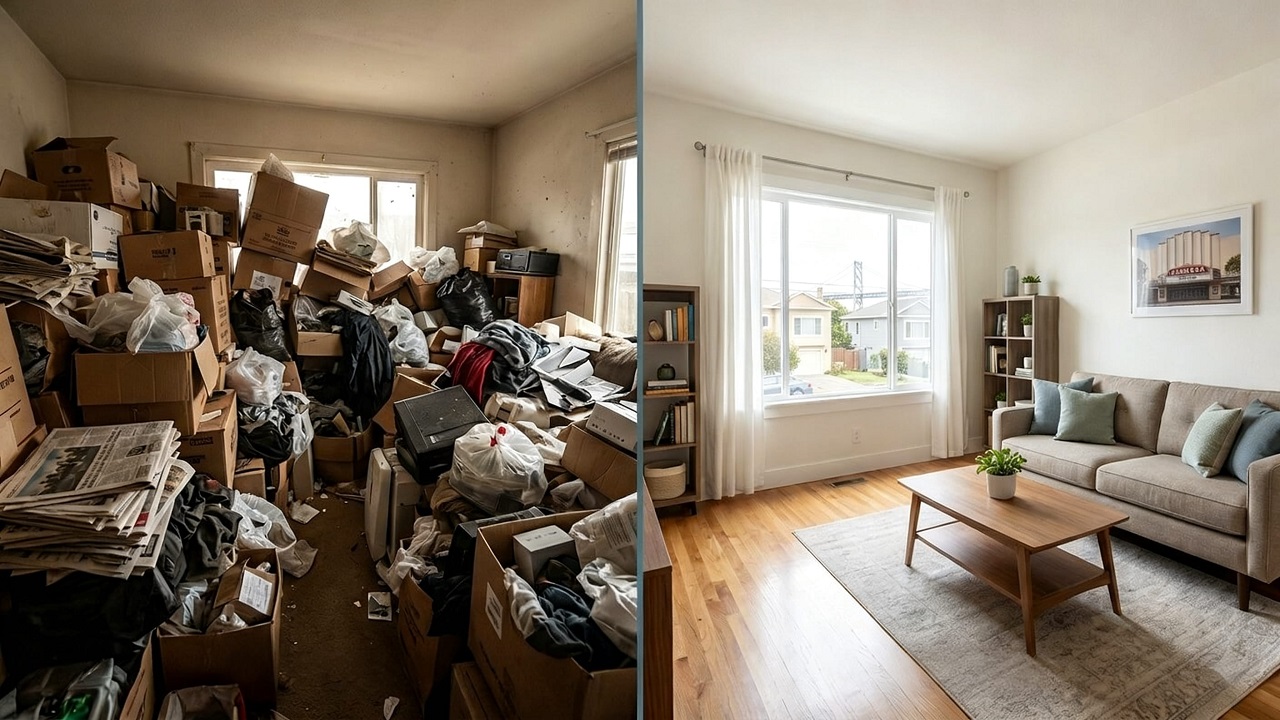 Before and after comparison of a hoarding house cleanup in Alameda showing extreme clutter turned into a clean organized home