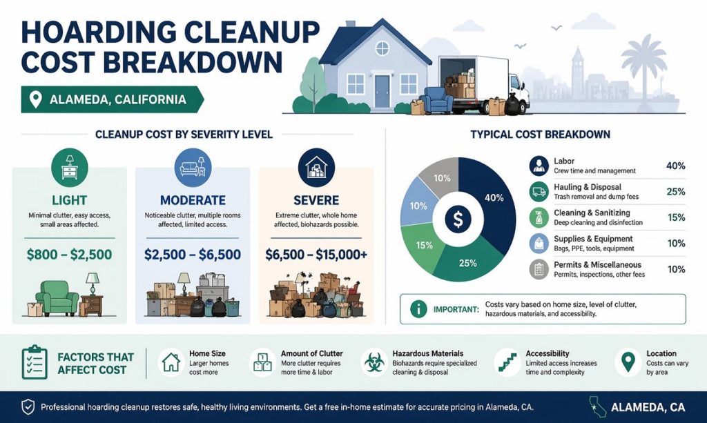 Hoarding cleanup cost comparison chart showing different pricing levels for small, medium, and severe hoarding in Alameda CA