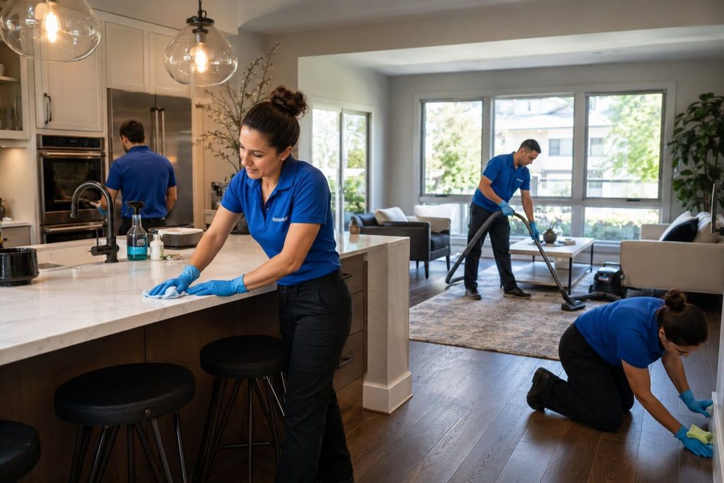 Professional house deep cleaning service in Berkeley CA showing cleaners sanitizing kitchen, floors, and living room in a modern home.
